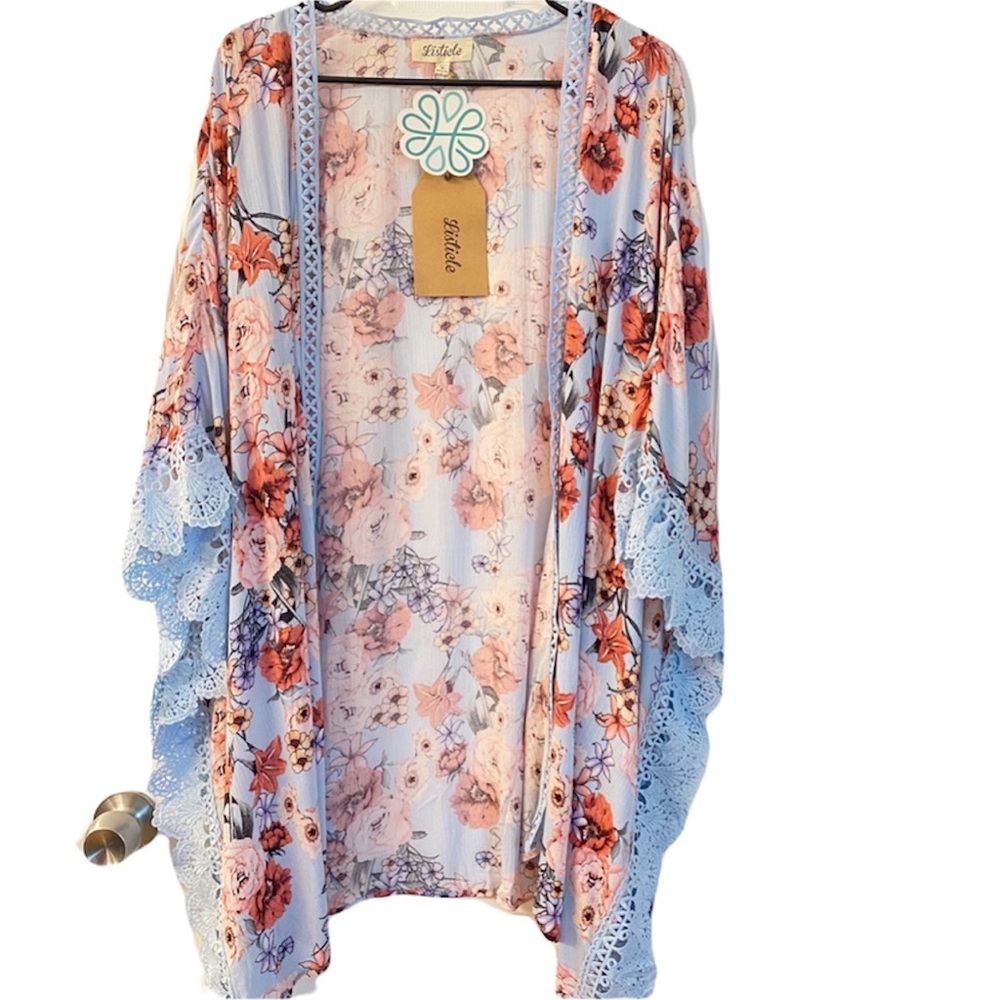 Listicle | Blue Floral Print Open Front Duster Kimono NWOT